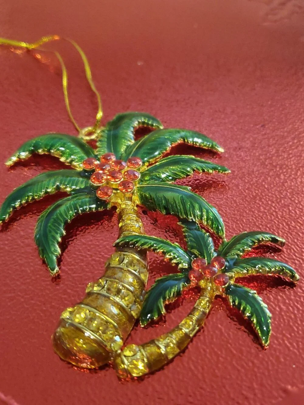 Double PALM TREE gold-tone red crystal clusters green enameled leaves ORNAMENT